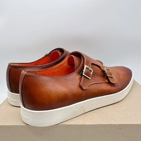 Santoni Mens Bankable Sneaker MonkStrap Double Buckle Brown Leather US 11.5